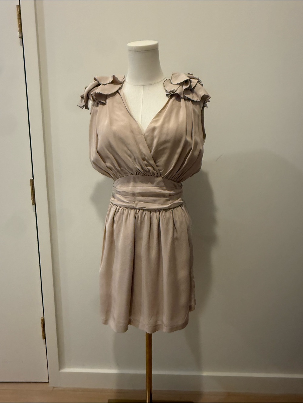 French Connection Blush Taupe Ruffle-Shoulder Wrap Mini Dress
